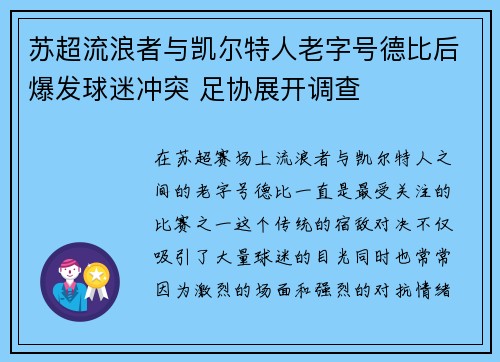 苏超流浪者与凯尔特人老字号德比后爆发球迷冲突 足协展开调查 苏超流浪者与凯尔特人老字号德比后爆发球迷冲突 足协展开调查