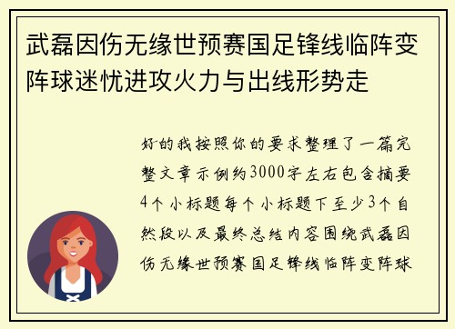 武磊因伤无缘世预赛国足锋线临阵变阵球迷忧进攻火力与出线形势走