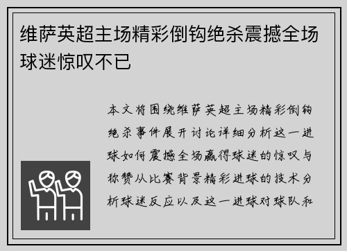 维萨英超主场精彩倒钩绝杀震撼全场球迷惊叹不已